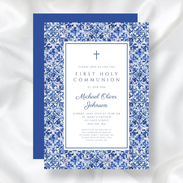 Elegant Cross Blue Tiles Boy First Communion Invitation (Elegant Cross Blue Tiles Boy First Communion Invitation)
