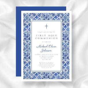 Elegant Cross Blue Tiles Boy First Communion Invitation