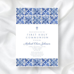Elegant Cross Blue Tiles Boy First Communion Invitation