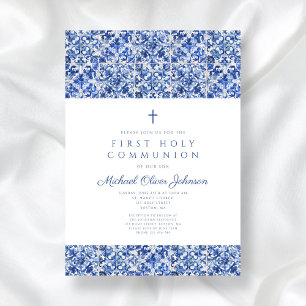Elegant Cross Blue Tiles Boy First Communion Invitation