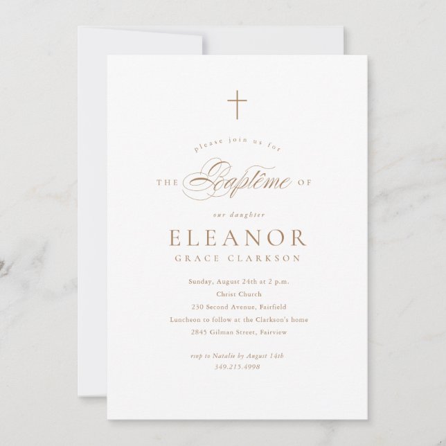 Elegant Cross Calligraphy French Baptême Baptism Invitation (Front)
