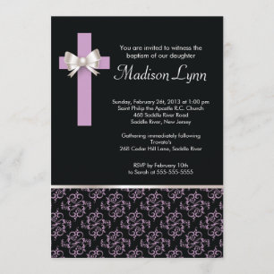 Elegant Cross Damask Baptism Christening Invitation