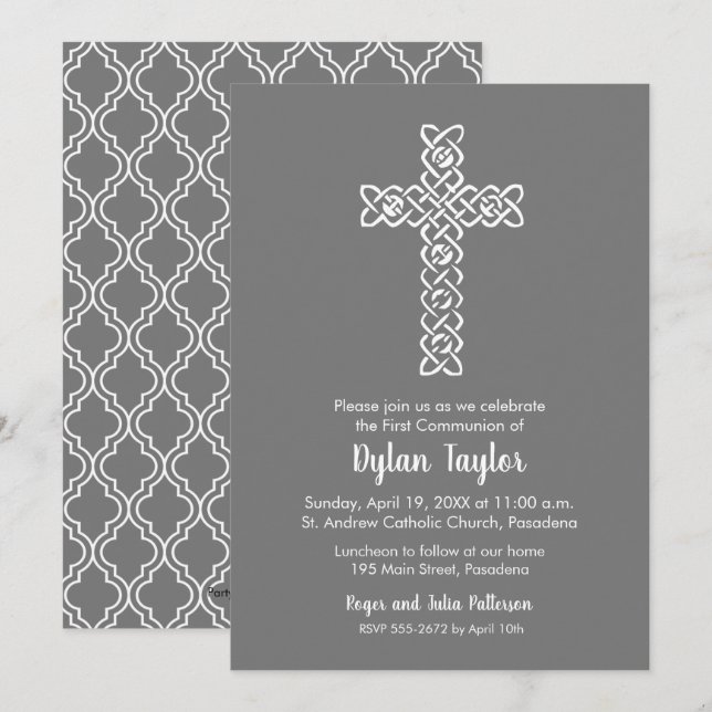 Elegant Cross First Communion Grey Invitations (Front/Back)