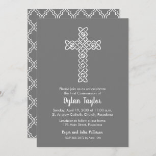 Elegant Cross First Communion Grey Invitations