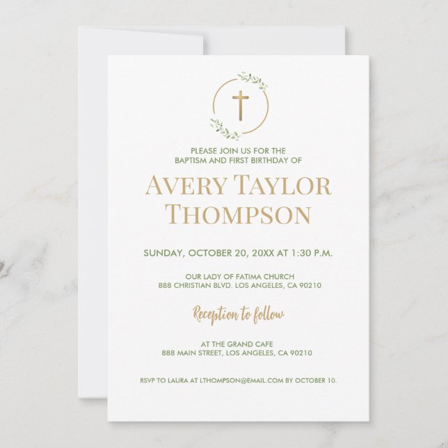 Elegant Cross Greenery Baptism and First Birthday Invitation (Front)