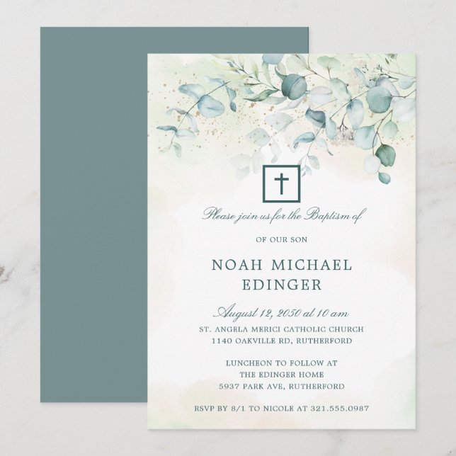 Elegant Cross Greenery Eucalyptus Baptism Invitation (Front/Back)