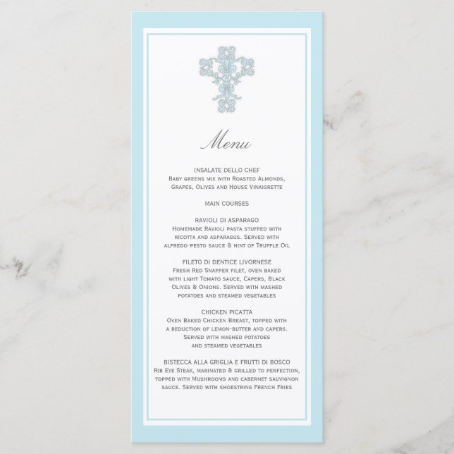 Elegant Cross in Blue Menu Page Rack Card (Front)