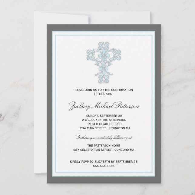 Elegant Cross in Blue Son Confirmation Invitation (Front)