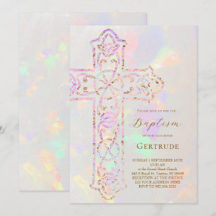 elegant cross opal design Baptism Invitation