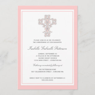 Elegant Cross Pink Girl Christening Invitation