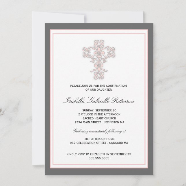 Elegant Cross Pink Girl First Communion Invitation (Front)