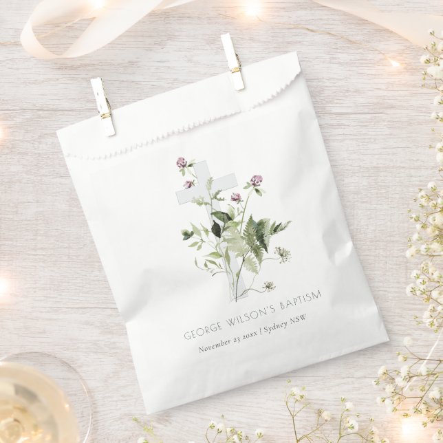 Elegant Cross Purple Wildflower Floral Baptism  Favour Bag (Clipped)