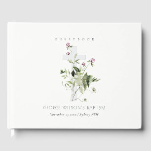 Elegant Cross Purple Wildflower Floral Baptism Guest Book