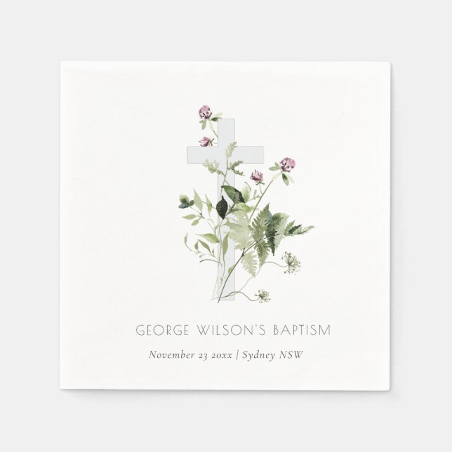 Elegant Cross Purple Wildflower Floral Baptism Napkin (Front)