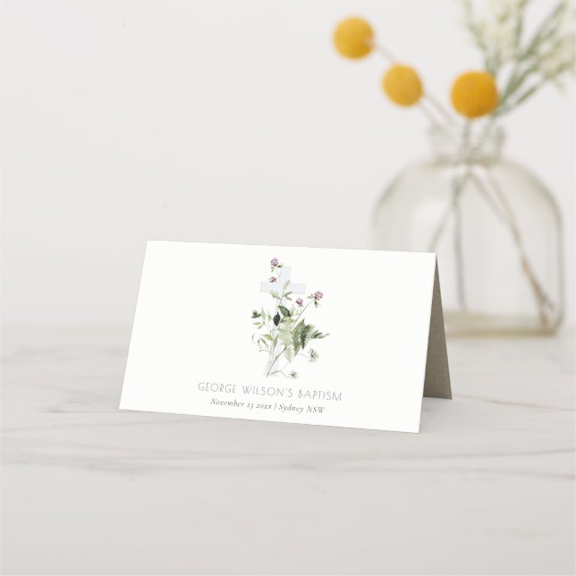 Elegant Cross Purple Wildflower Floral Baptism Place Card (Front)