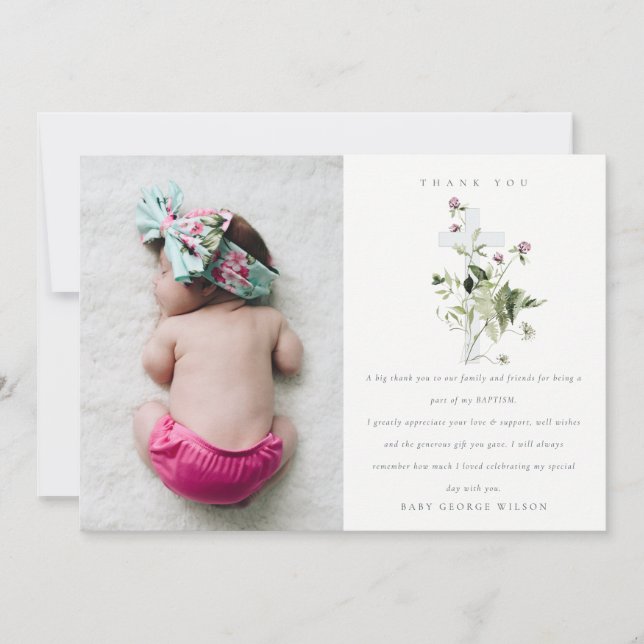 Elegant Cross Purple Wildflower Floral Baptism Thank You Card (Front)