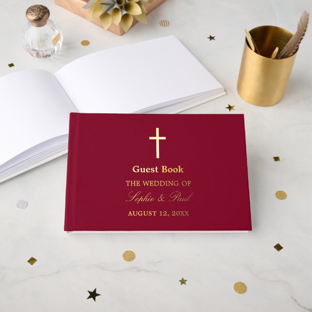 Elegant Cross Real Foil Burgundy Wedding Guest Book (Front Open)