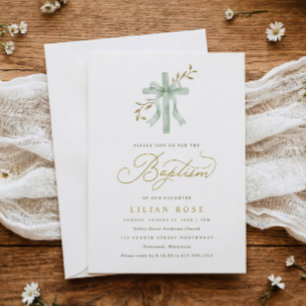Elegant Cross Sage Bow Watercolor Greenery Baptism Invitation
