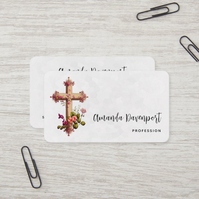 Elegant Cross with Pink Flowers Business Card (Front/Back In Situ)