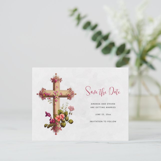 Elegant Cross with Pink Flowers Save the Date Invitation Postcard (Standing Front)