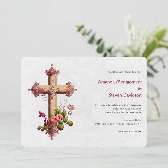 Elegant Cross with Pink Flowers Wedding Invitation (Standing Front)