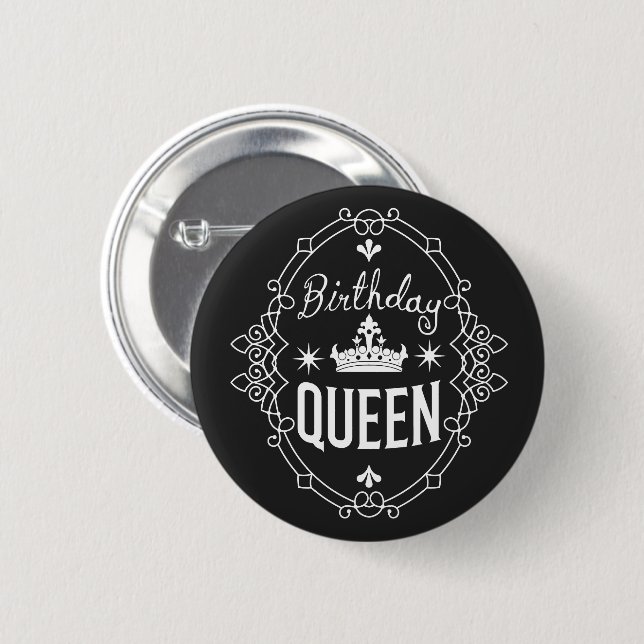 Elegant Crown Birthday Queen Typography Black 2 Inch Round Button (Front & Back)