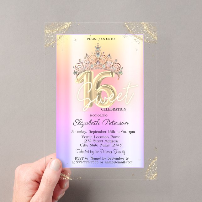 Elegant Crown Colourful Leopard Print Sweet 16   Acrylic Invitations (Insitu (Handheld))
