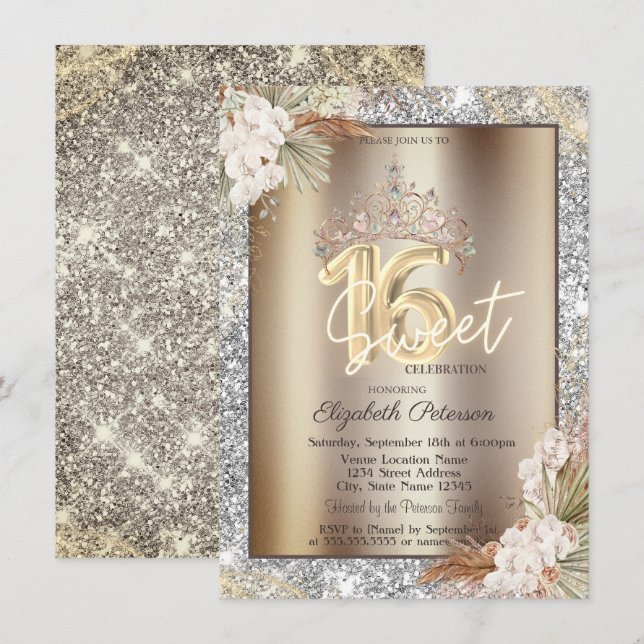 Elegant Crown Flowers Sparkle Glitter Sweet 16   Invitation (Front/Back)