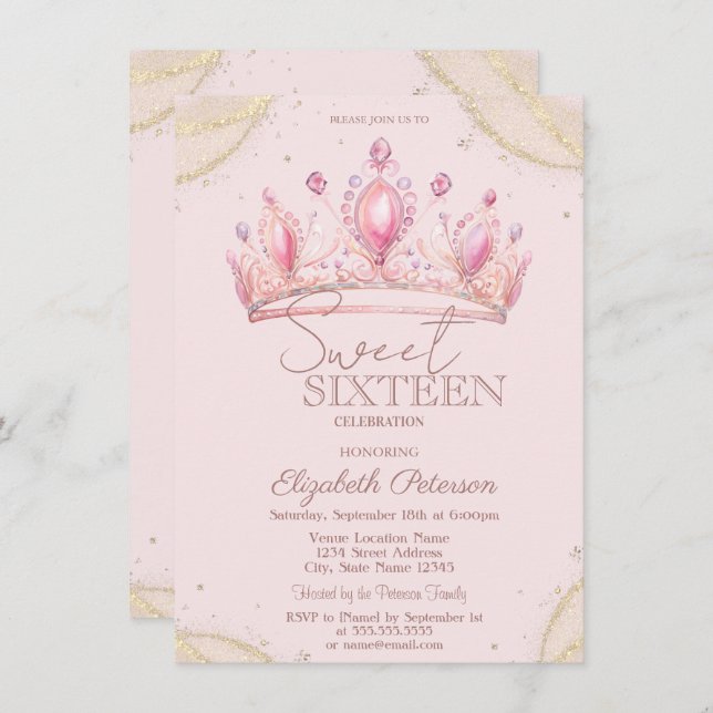 Elegant Crown Gold Glitter Corners Sweet 16   Invitation (Front/Back)