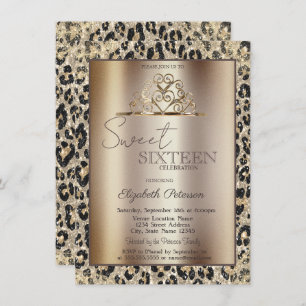 Elegant Crown Leopard Print Sweet 16 Invitation