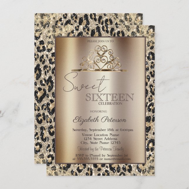 Elegant Crown Leopard Print Sweet 16   Invitation (Front/Back)