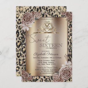 Elegant Crown Roses Leopard Print Sweet 16 Invitation