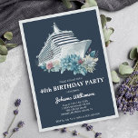 Elegant Cruise Ship Trip Women 40th Birthday Party Invitation<br><div class="desc">Elegant 40th birthday party cruise ship trip invitation for women. Personalize it with her name and the party details including the date,  cruise line,  departure port,  RSVP information,  and any other info needed. Design with a watercolor boat and beautiful flowers on a navy blue background and silver details.</div>