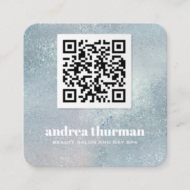 Elegant Crystal Blue  pearly iridescent QR CODE Square Business Card (Front)