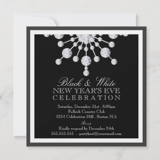 Elegant Crystal Snow New Year's Eve Black & White Invitation (Front)