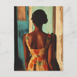 Elegant Cuban Woman Floral Dress at Golden Hour Postcard