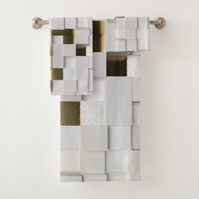 Elegant Cube wall 3D art- white and gold Bath Towel Set (Insitu)