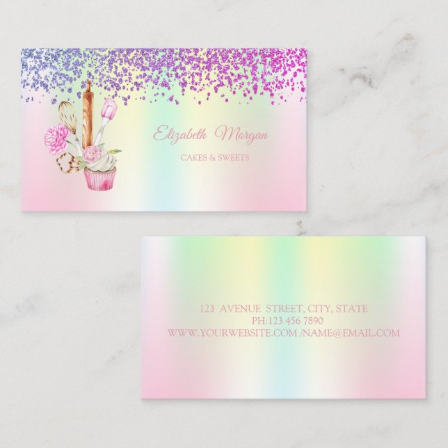 Elegant Cupcake,Bakery Tools Flowers Holographic Business Card (Front/Back)