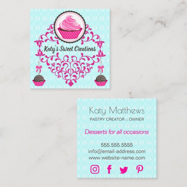 Elegant Cupcake Cake Pops Swirls Square Business Card (Front/Back)