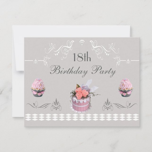 Elegant Cupcakes Pink & Grey 18th Birthday Invitation (Front)