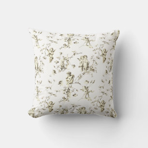 Elegant Cupid Angels Beige White Floral Toile Throw Pillow