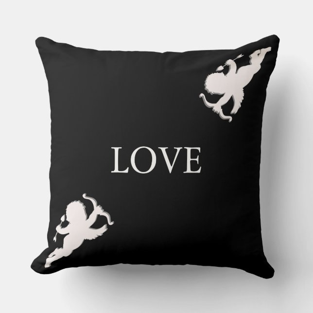 Elegant cupids in white on black throw pillow (Front)