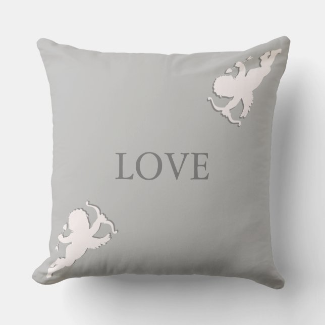 Elegant cupids in white on silver grey throw pillow (Front)