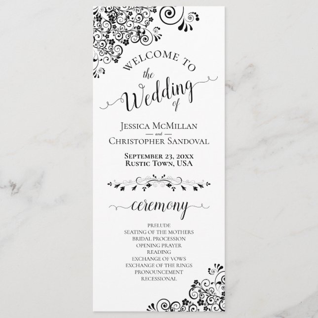 Elegant Curls & Swirls Black & White Wedding Program (Front)