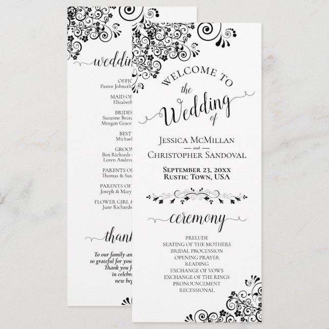 Elegant Curls & Swirls Black & White Wedding Program (Front/Back)