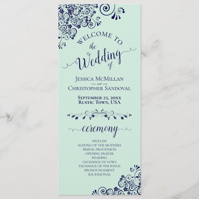 Elegant Curls & Swirls Mint Green & Navy Wedding Program (Front)
