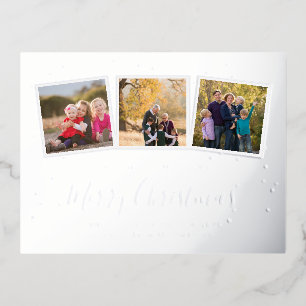 Elegant Custom 3 Photo Collage Merry Christmas Foil Holiday Postcard