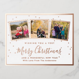 Elegant Custom 3 Photo Collage Merry Christmas Foil Holiday Postcard