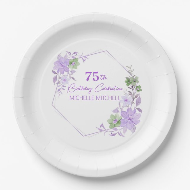 Elegant Custom 75th Birthday Lavender Floral       Paper Plate (Front)