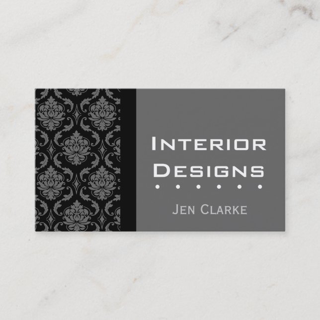 Elegant Custom Black and Grey Damask Business Card (Front)